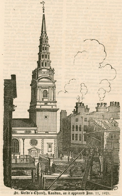 St Brides Church, Fleet Street, London, as it appeared 11 January 1825 by English School