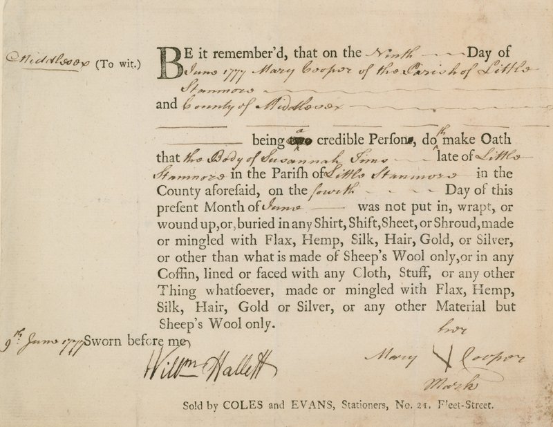 Sworn statement that the body of Susannah Sims was buried in sheep