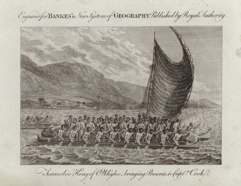 Terreeoboo King of Whyhee, bringing presents to Captain Cook by English School