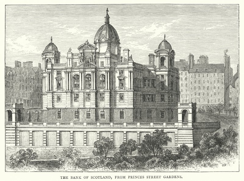 The Bank of Scotland, from Princes Street Gardens (engraving) by English School