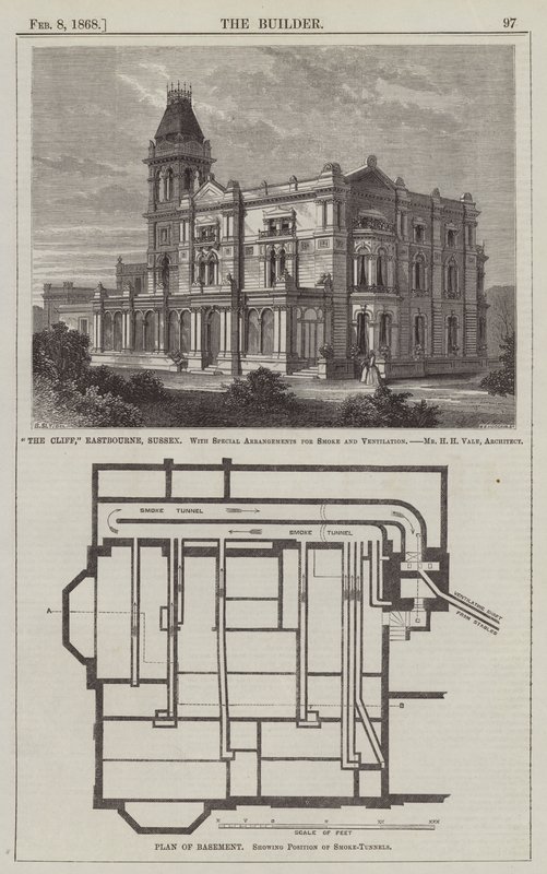 "The Cliff," Eastbourne, Sussex, with Special Arrangements for Smoke and Ventilation (engraving) by English School