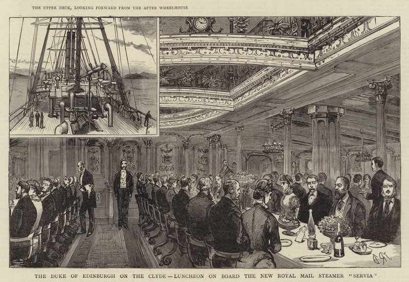 The Duke of Edinburgh on the Clyde, Luncheon on Board the New Royal Mail Steamer "Servia" by English School