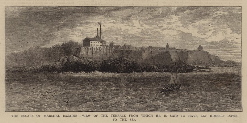 The Escape of Marshal Bazaine, View of the Terrace from which he is said to have let himself down to the Sea (engraving) by English School