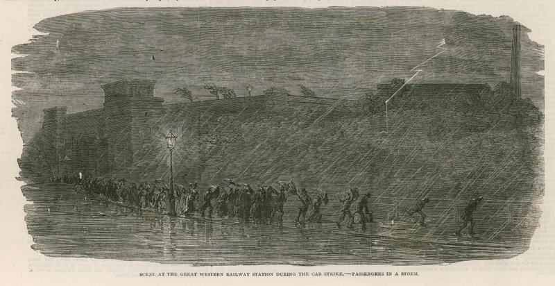 The Great Cab Strike: Scene at the Great Western Railway Station - Passengers in a Storm by English School