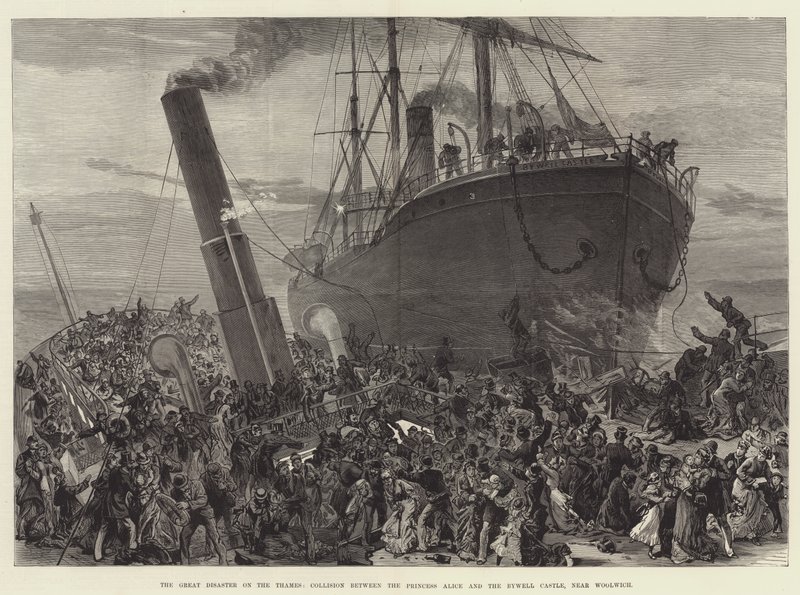 The Great Disaster on the Thames, Collision between the Princess Alice and the Bywell Castle, near Woolwich by English School