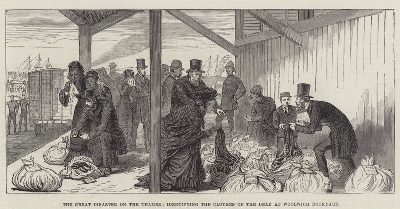 The Great Disaster on the Thames, identifying the Clothes of the Dead at Woolwich Dockyard by English School