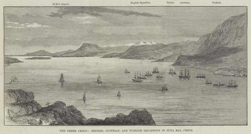 The Greek Crisis, British, Austrian, and Turkish Squadrons in Suda Bay, Crete by English School