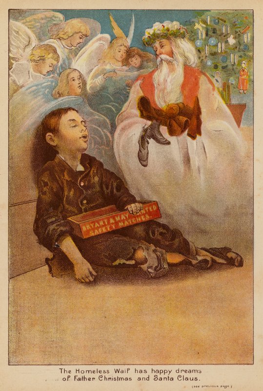 The Homeless Waif has happy dreams of Father Christmas and Santa Claus by English School