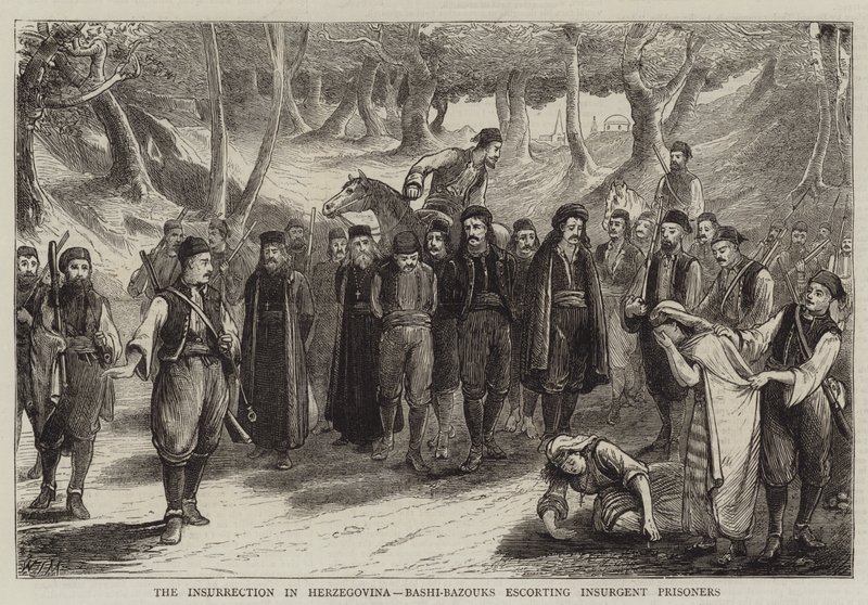 The Insurrection in Herzegovina, Bashi-Bazouks Escorting Insurgent Prisoners by English School