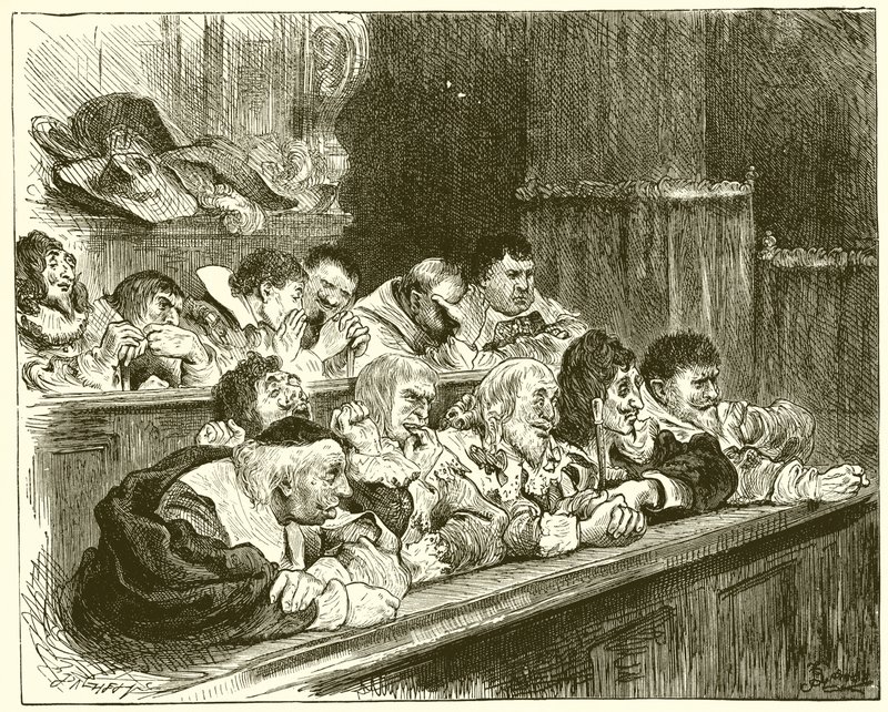 The Jury: Mr. Blind Man, Mr. Malice, Mr. Love Lust, Mr. Live Loose, Mr. Heady, Mr. High Mind, Mr. Enmity, Mr. Liar, Mr. Cruelty, Mr. Hate Light, Mr. Implacable by English School