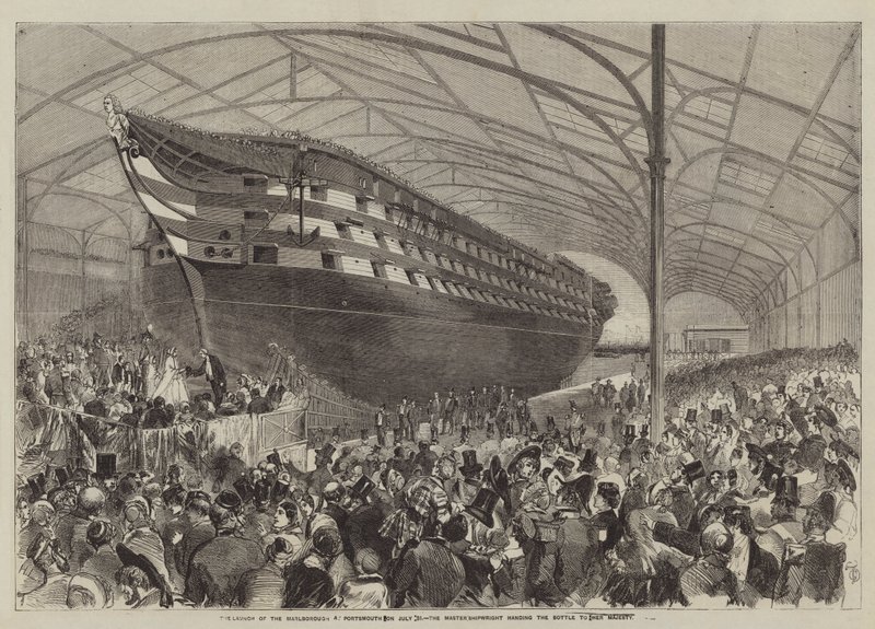 The Launch of the Marlborough at Portsmouth on 31 July, the Mastershipwright Handing the Bottle to Her Majesty by English School