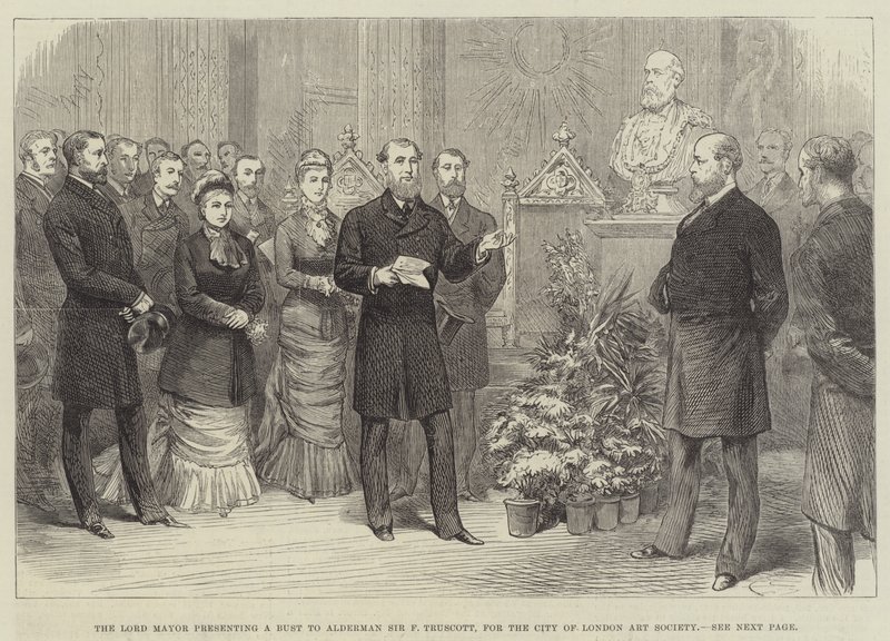 The Lord Mayor presenting a Bust to Alderman Sir F Truscott, for the City of London Art Society by English School