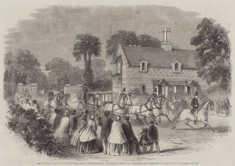 The Marriage of Princess Alice with Prince Louis of Hesse Darmstadt, Departure of Their Royal Highnesses from Osborne for St Clare, the Seat of Colonel Harcourt by English School