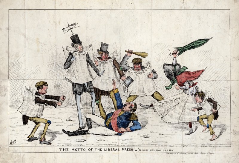 The Motto of the Liberal Press, showing Napoleon III being assaulted by the British press by English School