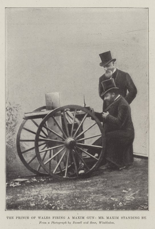 The Prince of Wales firing a Maxim Gun, Mr Maxim standing by by English School