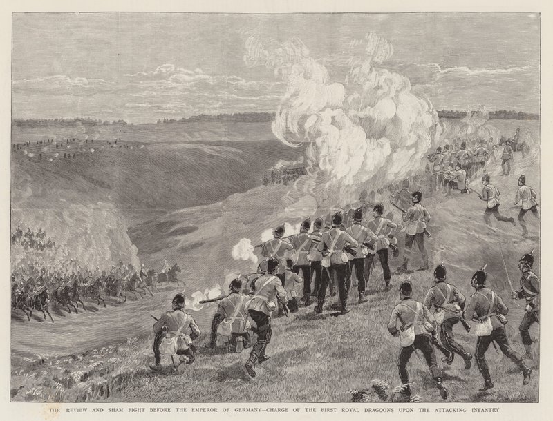 The Review and Sham Fight before the Emperor of Germany, Charge of the First Royal Dragoons upon the Attacking Infantry by English School