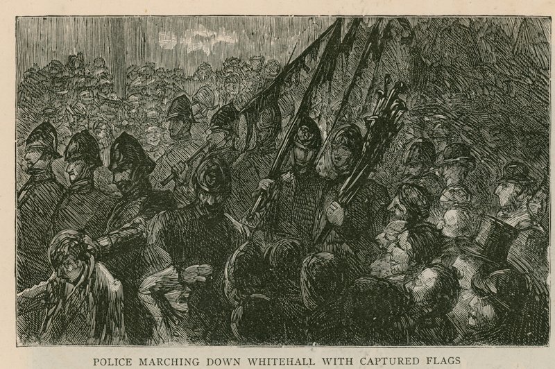 The Riot in Trafalgar Square: Police Marching Down Whitehall with Captured Flags by English School