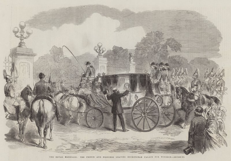 The Royal Marriage, the Prince and Princess leaving Buckingham Palace for Windsor by English School