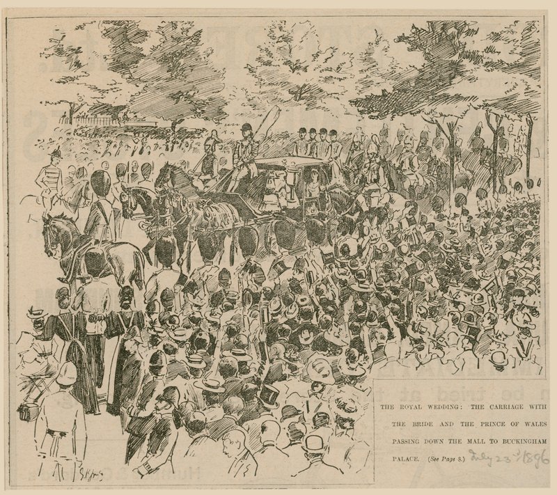 The Royal Wedding, the carriage with the bride and the Prince of Wales passing down the Mall to Buckingham Palace by English School