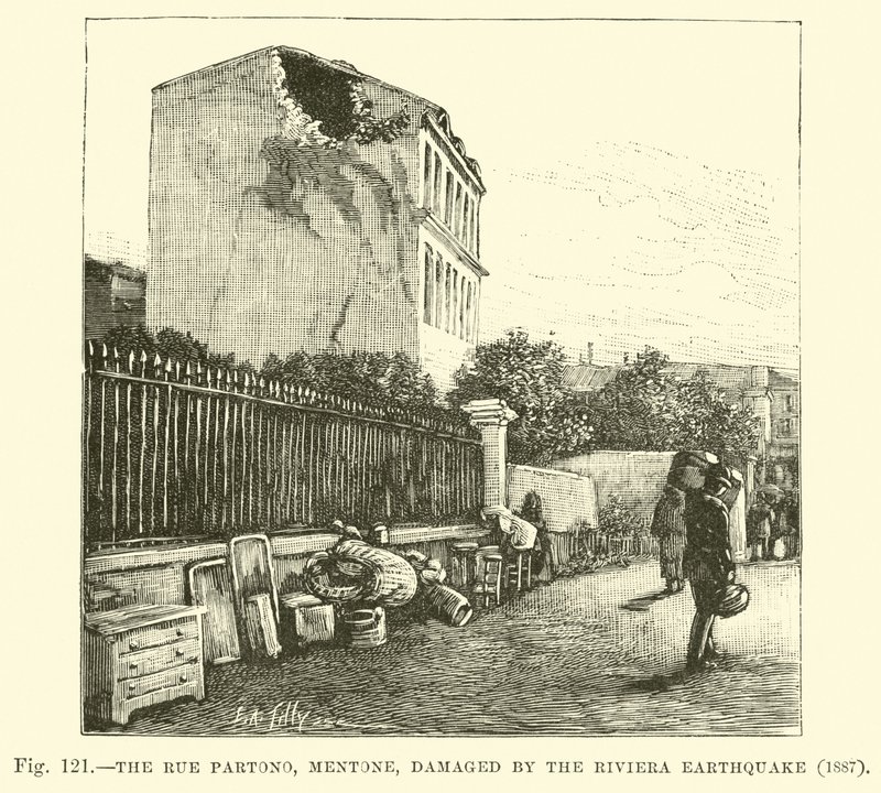 The Rue Partono, Mentone, Damaged by the Riviera Earthquake, 1887 by English School