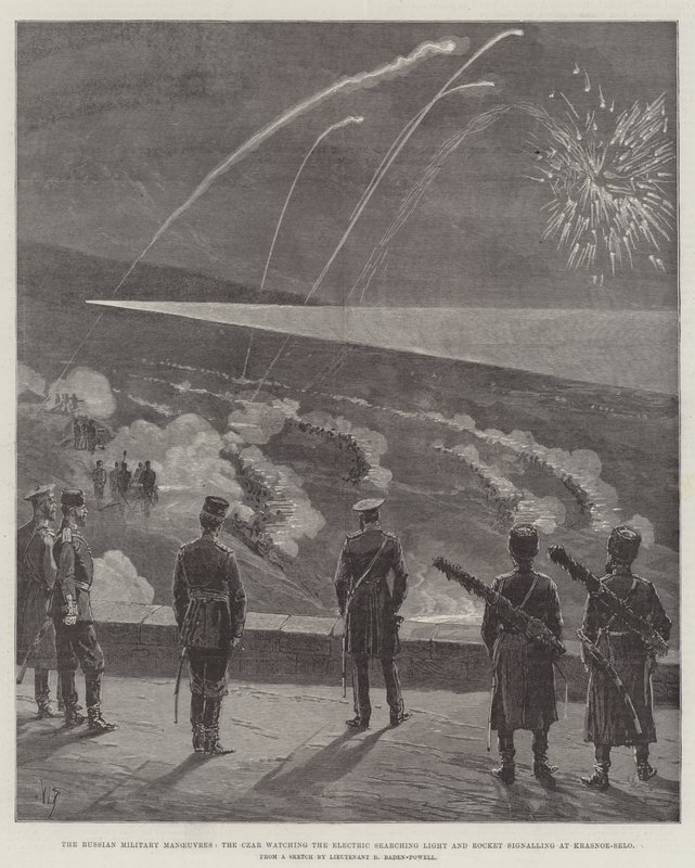 The Russian Military Manoeuvres, the Czar watching the Electric Searching Light and Rocket signalling at Krasnoe-Selo by English School