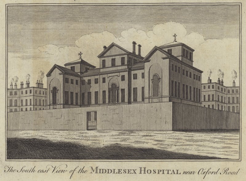 The South east View of the Middlesex Hospital near Oxford Road, London by English School