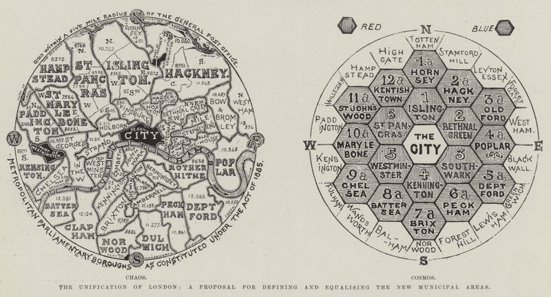 The Unification of London, a Proposal for Defining and Equalising the New Municipal Areas (engraving) by English School