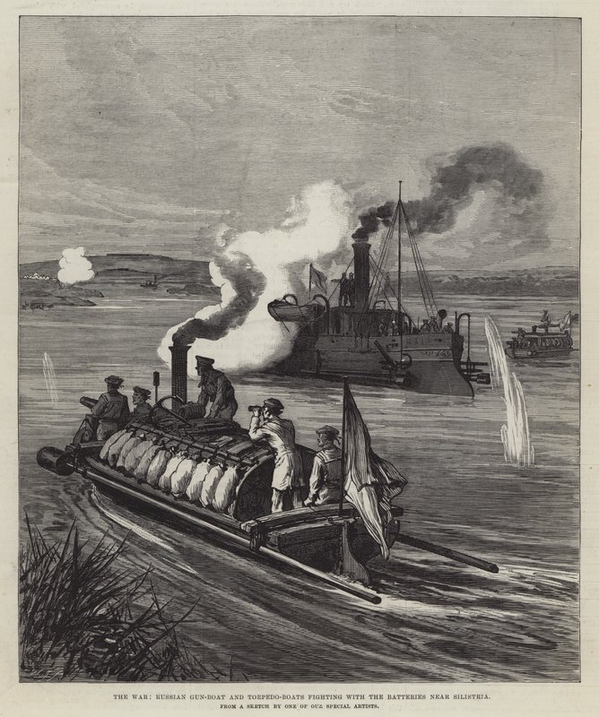 The War, Russian Gun-Boat and Torpedo-Boats fighting with the Batteries near Silistria by English School