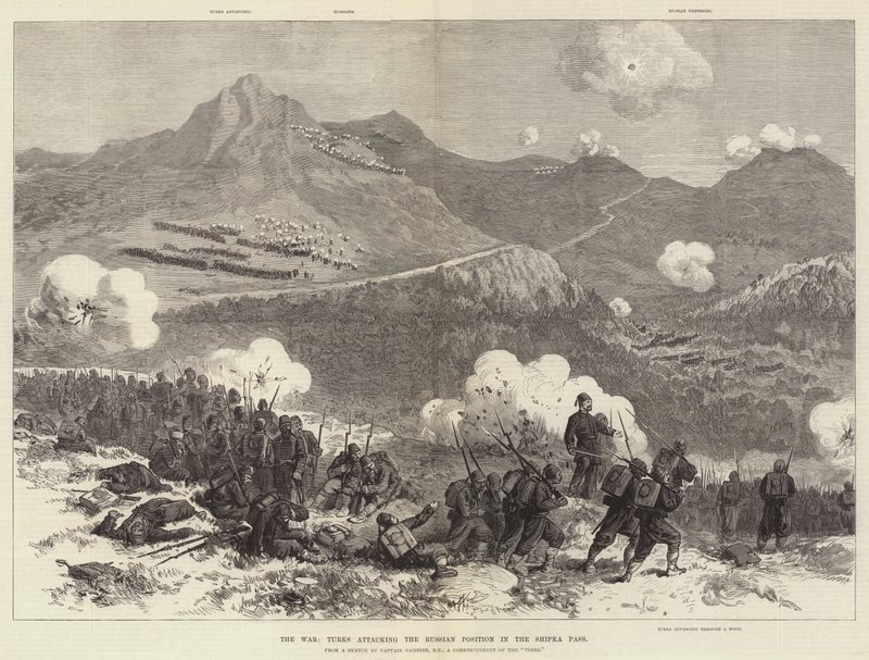 The War, Turks Attacking the Russian Position in the Shipka Pass by English School