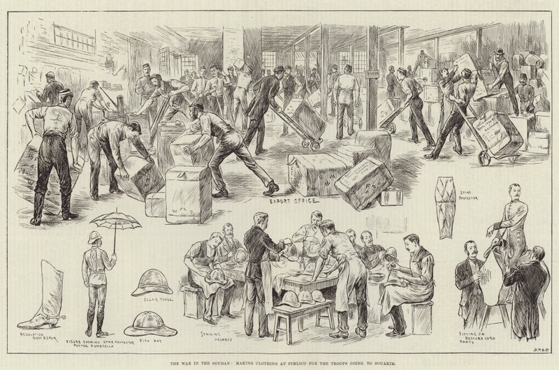 The War in the Soudan, making Clothing at Pimlico for the Troops going to Souakim by English School