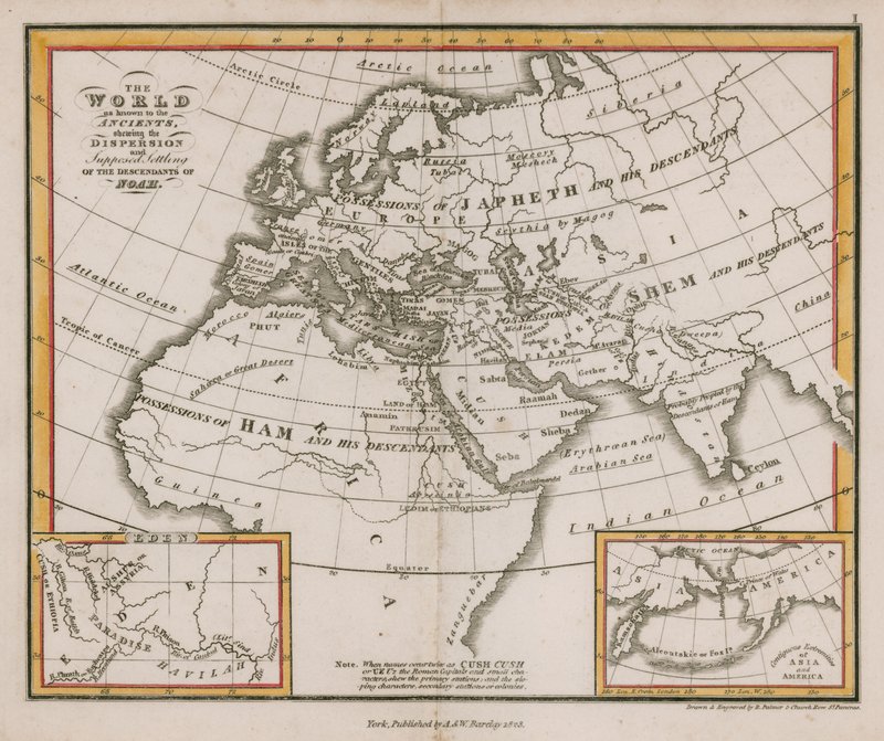 The World as known to the Ancients, showing the Dispersion and Supposed Settling of the Descendants of Noah by English School