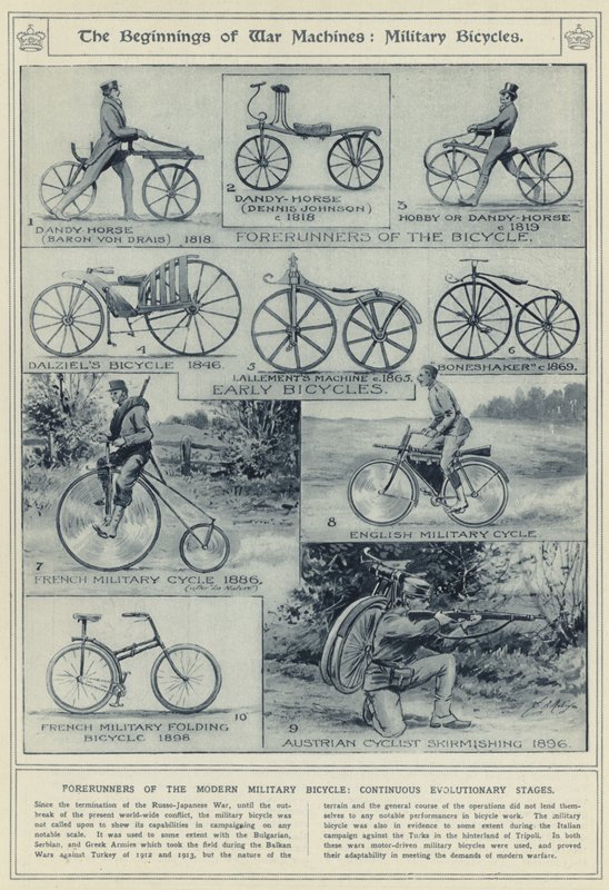 The beginnings of war machines, military bicycles, forerunners of the modern military bicycle, continuous evolutionary stages by English School