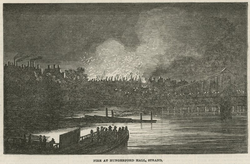 The Destruction by Fire of Hungerford Hall, Strand, London by English School