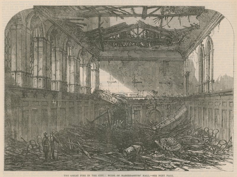The Great Fire of the City: Ruins of Haberdashers Hall by English School