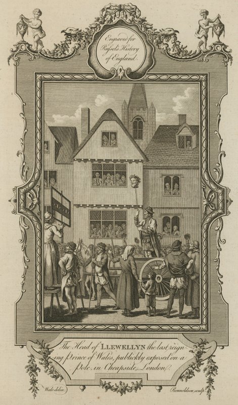 The head of Llewellyn, the last reigning Prince of Wales, publicly exposed on a pole in Cheapside, London by English School