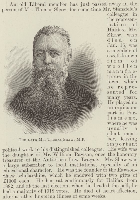 The late Mr Thomas Shaw, MP by English School