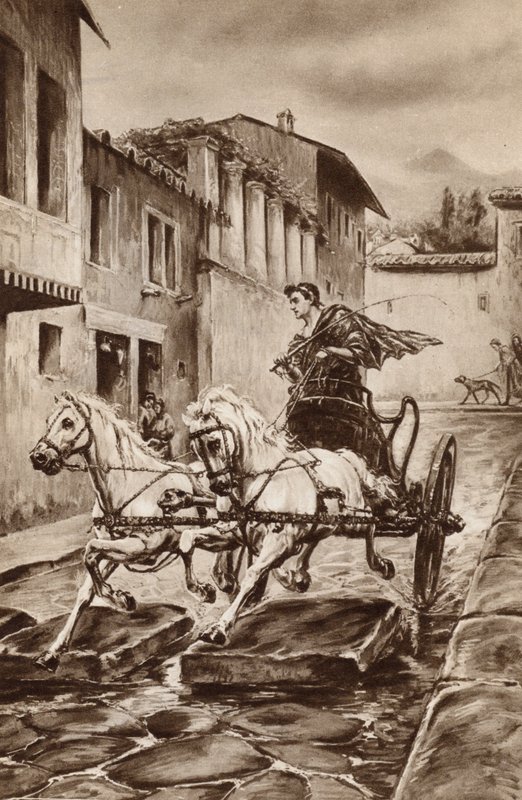 The life of a street in Pompeii in the great days before the city disappeared (colour litho) by English School