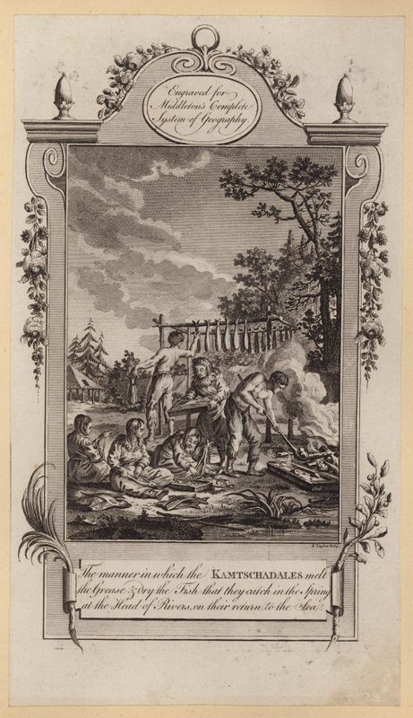 The manner in which the Kamtschadales melt the Grease and dry the Fish that they catch in the Spring at the Head of Rivers, on their return to the Sea by English School