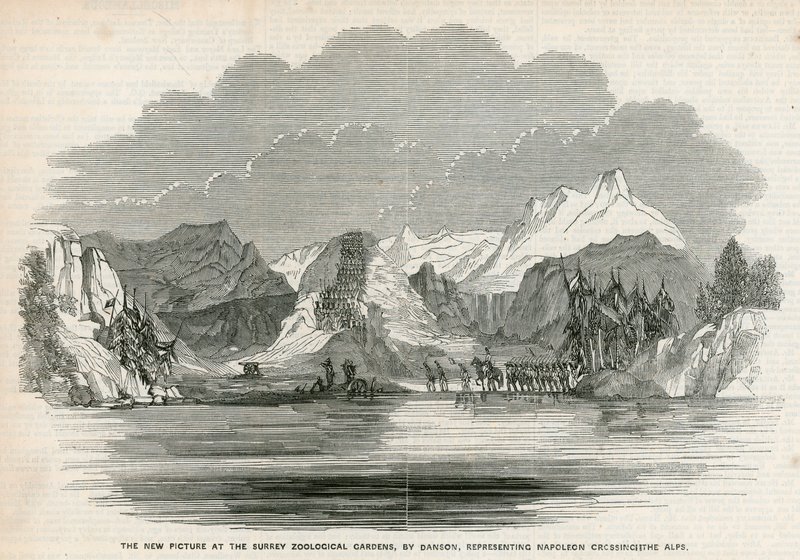 The New Picture at the Surrey Zoological Gardens by Danson, Representing Napoleon Crossing the Alps by English School