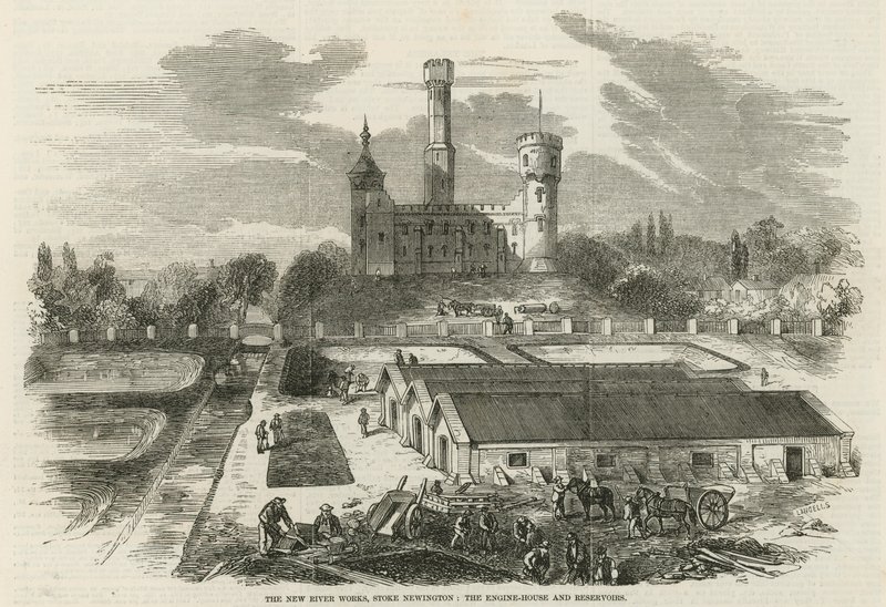 The new river works, Stoke Newington: The engine house and reservoirs by English School