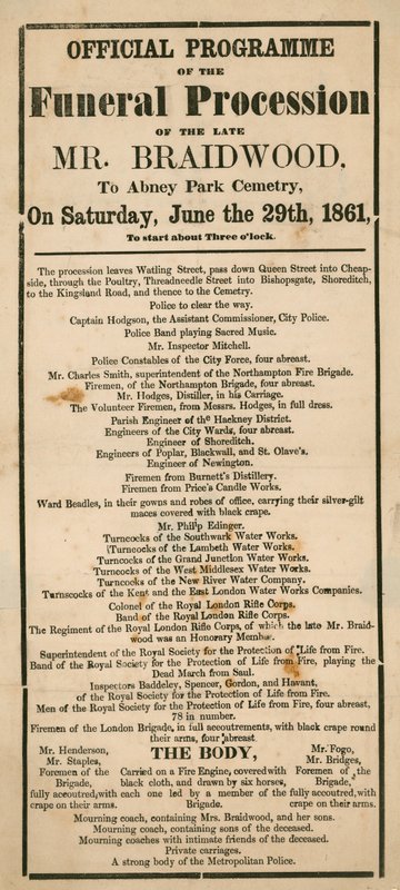 The official programme of the funeral procession of the late Mr Braidwood, Superintendent of the London Fire Brigade by English School