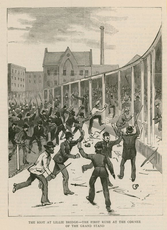 The Riot at Lillie Bridge, London: The First Rush at the Corner of the Grand Stand by English School