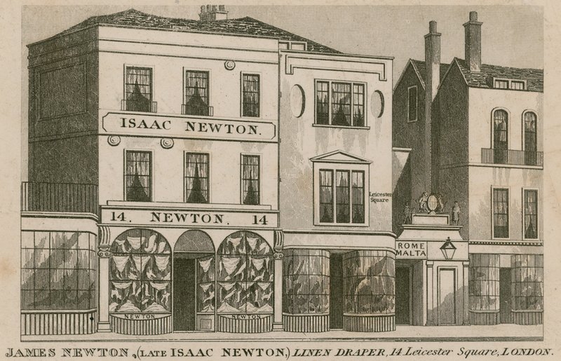 The shop front of Isaac Newton, linen draper of 14 Leicester Square, London by English School