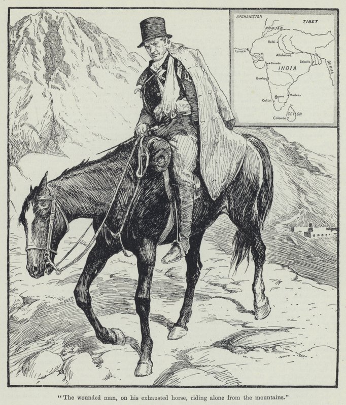 The wounded man, on his exhausted horse, riding alone from the mountains by English School
