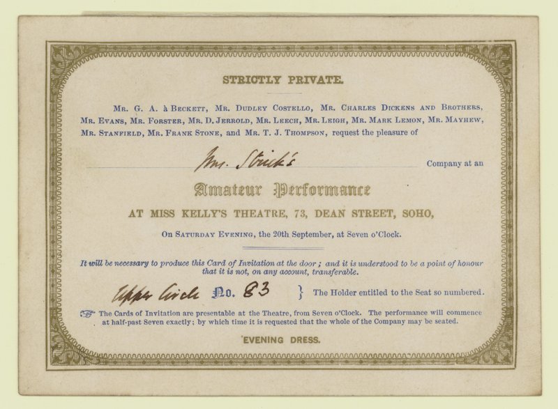 Ticket for Charles Dickens Amateur Dramatic Performance, 1845 by English School