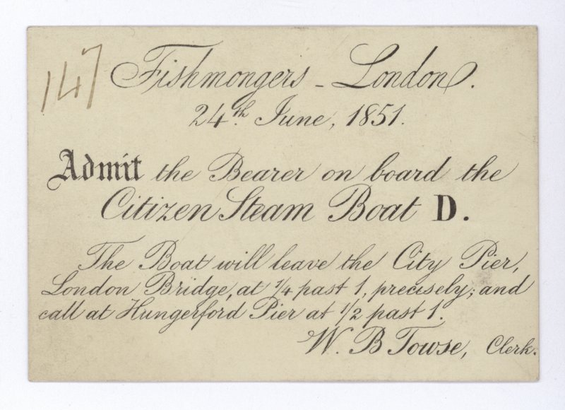 Ticket for London fishmongers to take a boat trip on the Citizen Steam Boat, 24 June 1851 by English School