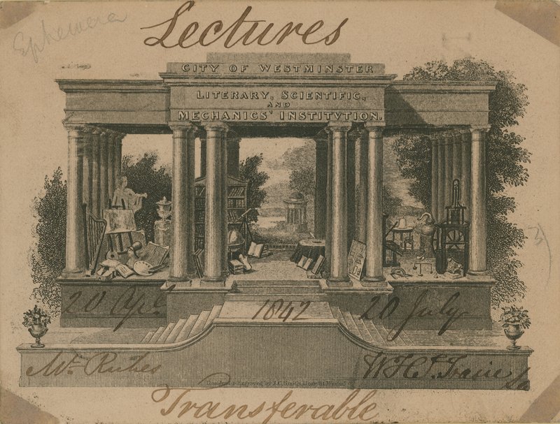 Ticket for lectures at the City of Westminster Literary, Scientific and Mechanics Institution by English School