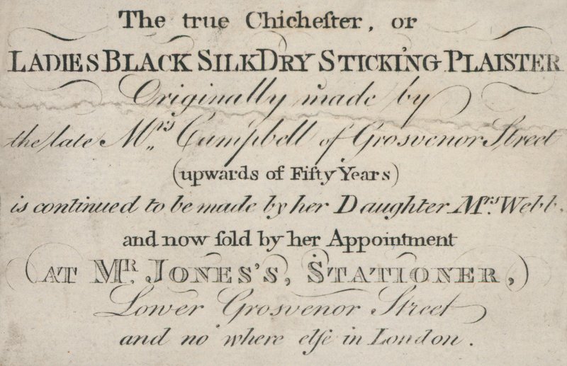 Trade Card, the True Chichester, or Ladies Black Silk Dry Sticking Plaister by English School