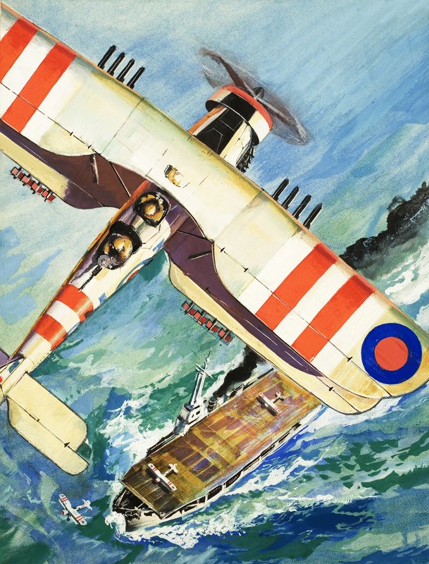 Unidentified Bi-Plane Flying Over an Aircraft Carrier by English School