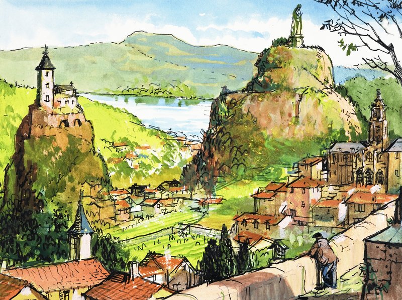 Unidentified countryside scene with church on rock opposite statue on hill by English School